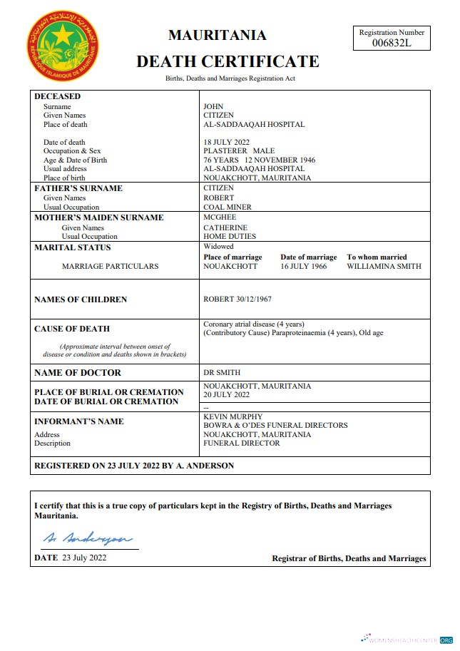 Download Mauritania vital record death certificate Word and PDF template Photoshop template